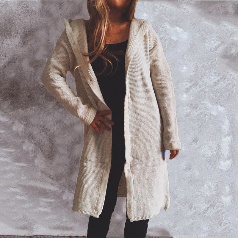 Autumn Winter Casual Minimalist Long Sleeve Button Hooded Sweater Cardigan Coat Women