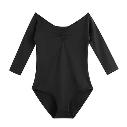 Pleated V-neck Solid Color Bodysuit Trendy Internet Celebrity Women Stretch V-neck 3/4 Sleeves Bodysuit