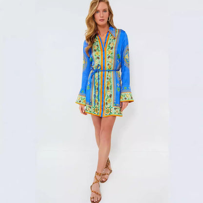 Collared Tied Waist Positioning Print Holiday Long Sleeve Dress Women