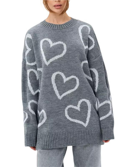 Heart Jacquard Pullover Round Neck Sweater Women Sweater Spring Autumn All Matching Casual Top