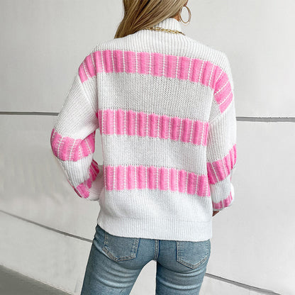 Striped Pullover Women Sweater Autumn Winter All Matching Loose Mock Neck Sweater