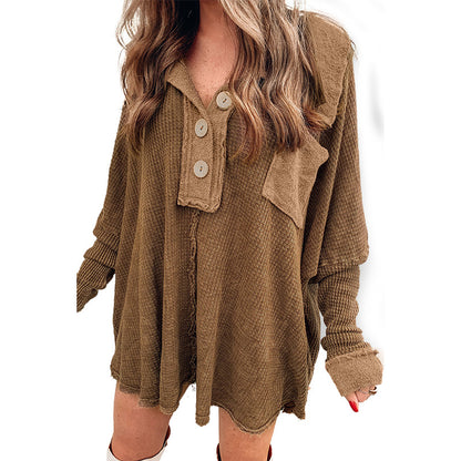 Brown Mineral Dyed Vintage Waffle Smock Top Women Loose All Match T shirt