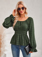 Autumn Winter Casual Women Clothing Round Neck Waist Trimming Solid Color Ruffle Sleeve Top Women