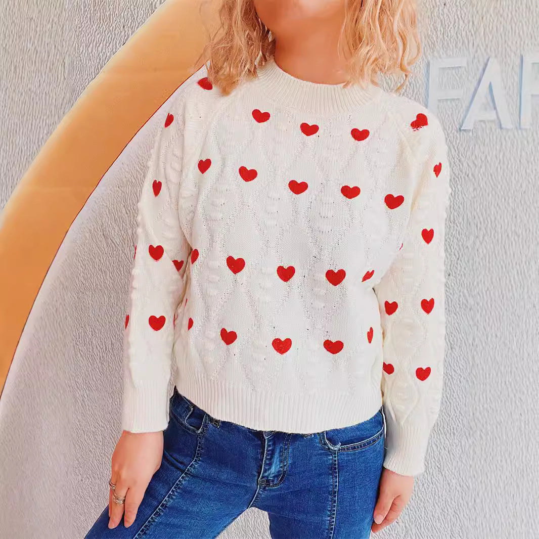 Autumn Winter Love Embroidered Crew Neck Knitted Pullover Cute Simple Office Sweater Top Women