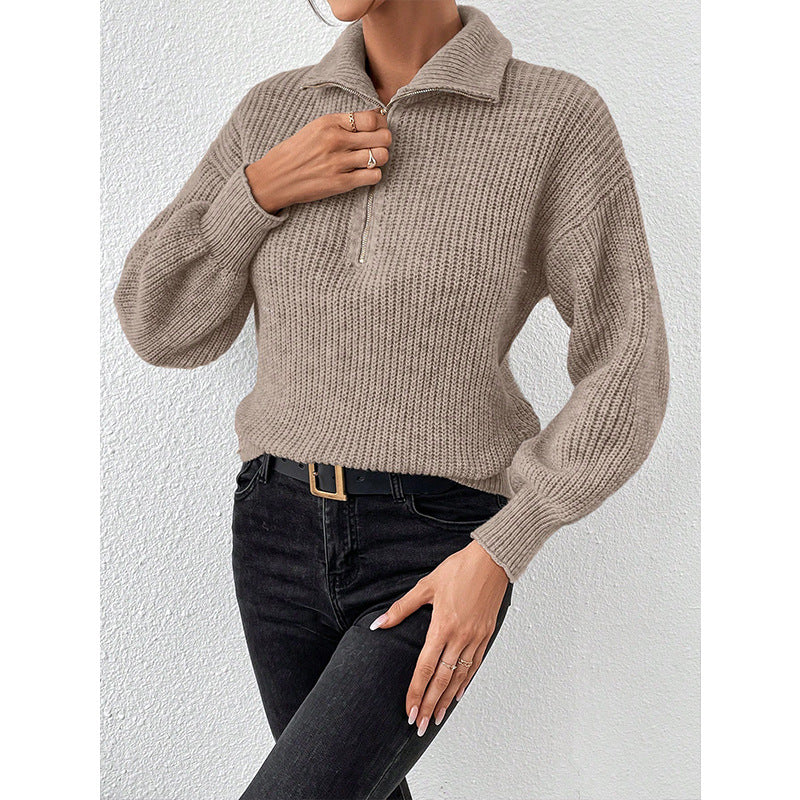 Zipper Pullover Sweater Solid Color Loose Casual Polo Collar Long-Sleeve Zipper Sweater Women