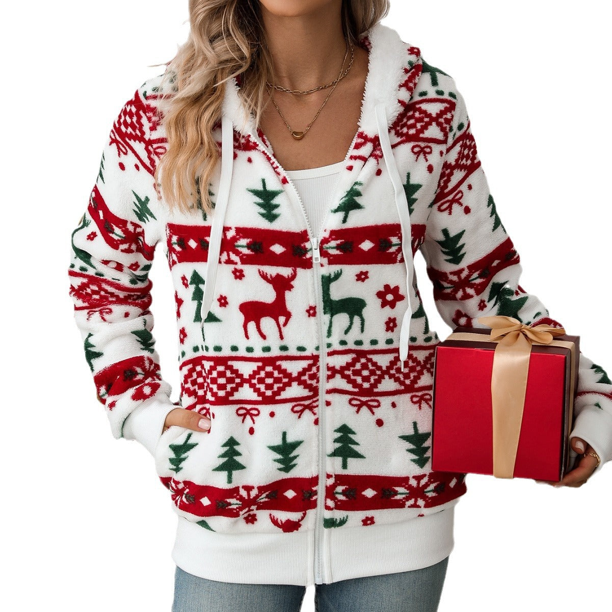 Autumn Winter Women Clothing Long Sleeved Cardigan Christmas Printed Plush Coat