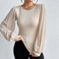 Autumn All Match round Neck Slim Lantern Sleeve Solid Color Top for Women