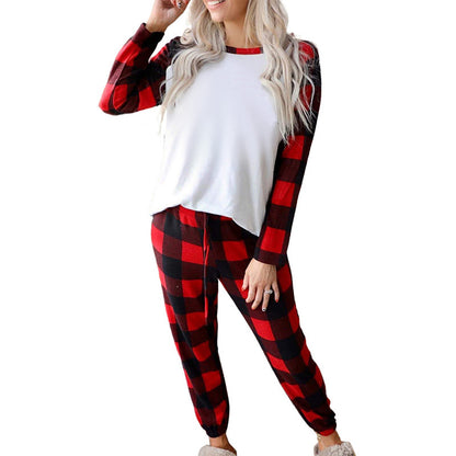 Winter Long Sleeve Home Wear Women Plaid round Neck Christmas Loose Casual Suit