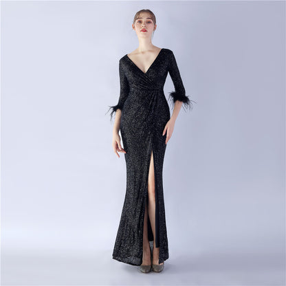 Craft Ostrich Feather Sequined Long Sleeve Evening Dress