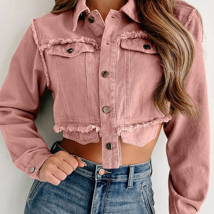 Autumn Winter Casual Collared High Waist Short Tassel Frayed Hem Denim Jacket