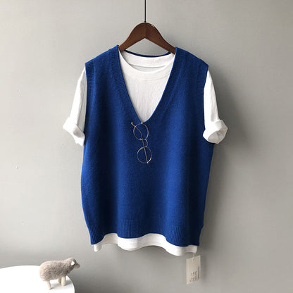 Knitted Vest Women Spring Preppy V neck Loose Idle Sleeveless Waistcoat