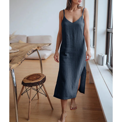 Spring Summer Women V Neck Strap Dress Cotton Double Layer Crepe Slit Hemline At Hem Midi Dress