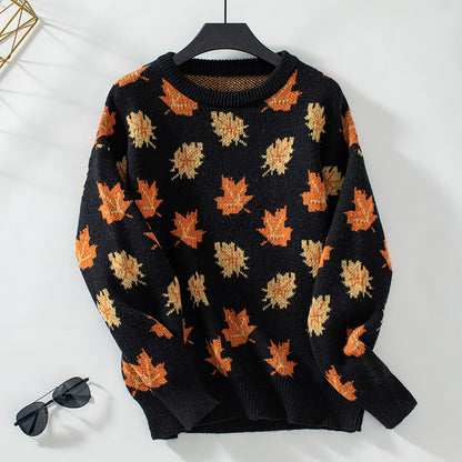 Autumn Winter Sweater Women Maple Leaf Pattern Jacquard Casual Pullover Sweater Women Clothing