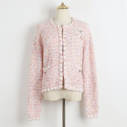 Classic Pink Knitted Coat Spring Autumn Winter Mixed Color Hidden Hook Loose Cardigan