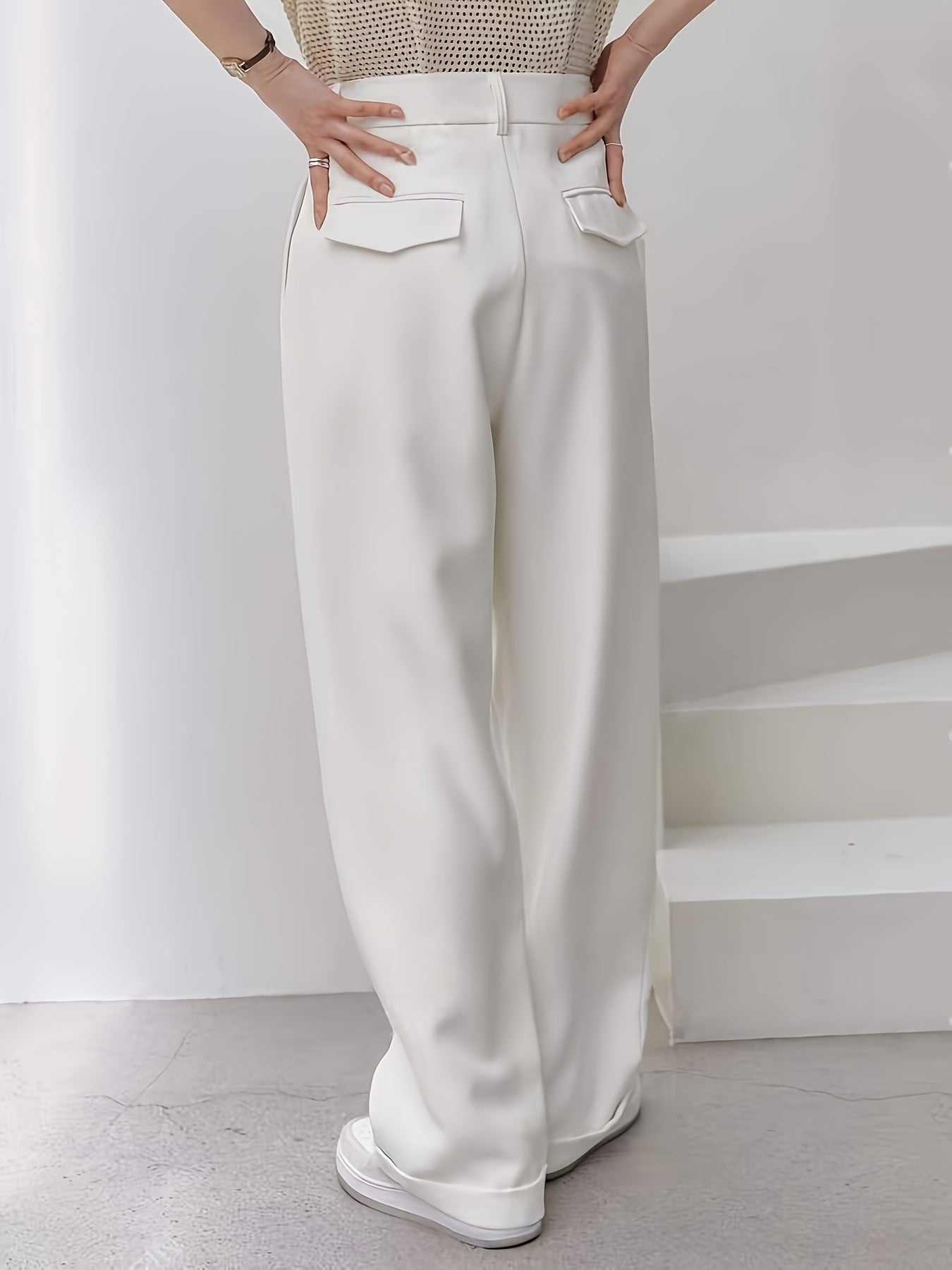 Popular Office Elegant High Waist Wide Leg Straight Casual Pants No Belt