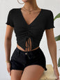 Sexy Sweet Spicy V Neck Knitted T Shirt Lace Up Cropped Exposed Design Short Sleeved Top Women