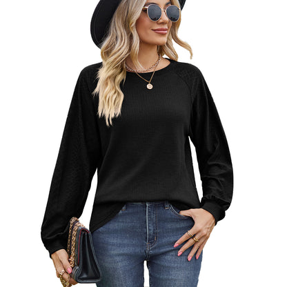 Autumn Winter Solid Color round Neck Stitching Loose Long Sleeve T shirt Top Women