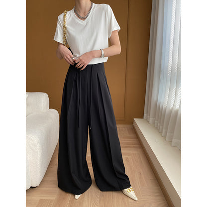 Niche Designer Office High Waist Lace Up Drooping Slimming Wide Leg Pants