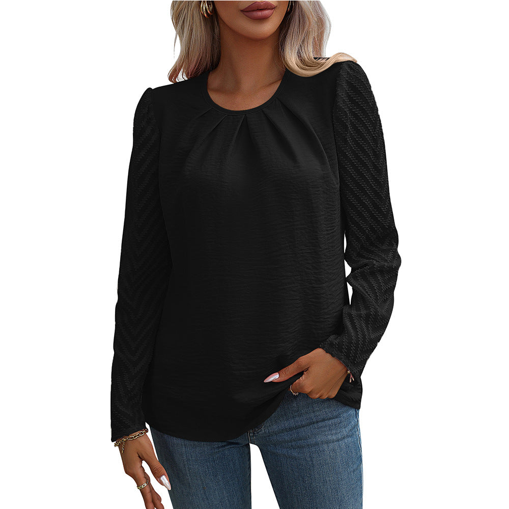 Autumn Women Clothing Round Neck Pleated Chiffon Sheer Long Sleeve Shirt