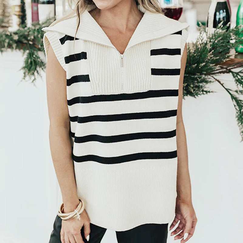 Fall Women Clothing Polo Collar Stripes Sweater Vest Women