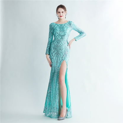 Sequined Long Sleeve Split High End Evening Dress