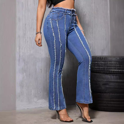 Women Denim Slightly Flared Jeans Stereo Burrs Tassels Thin Summer