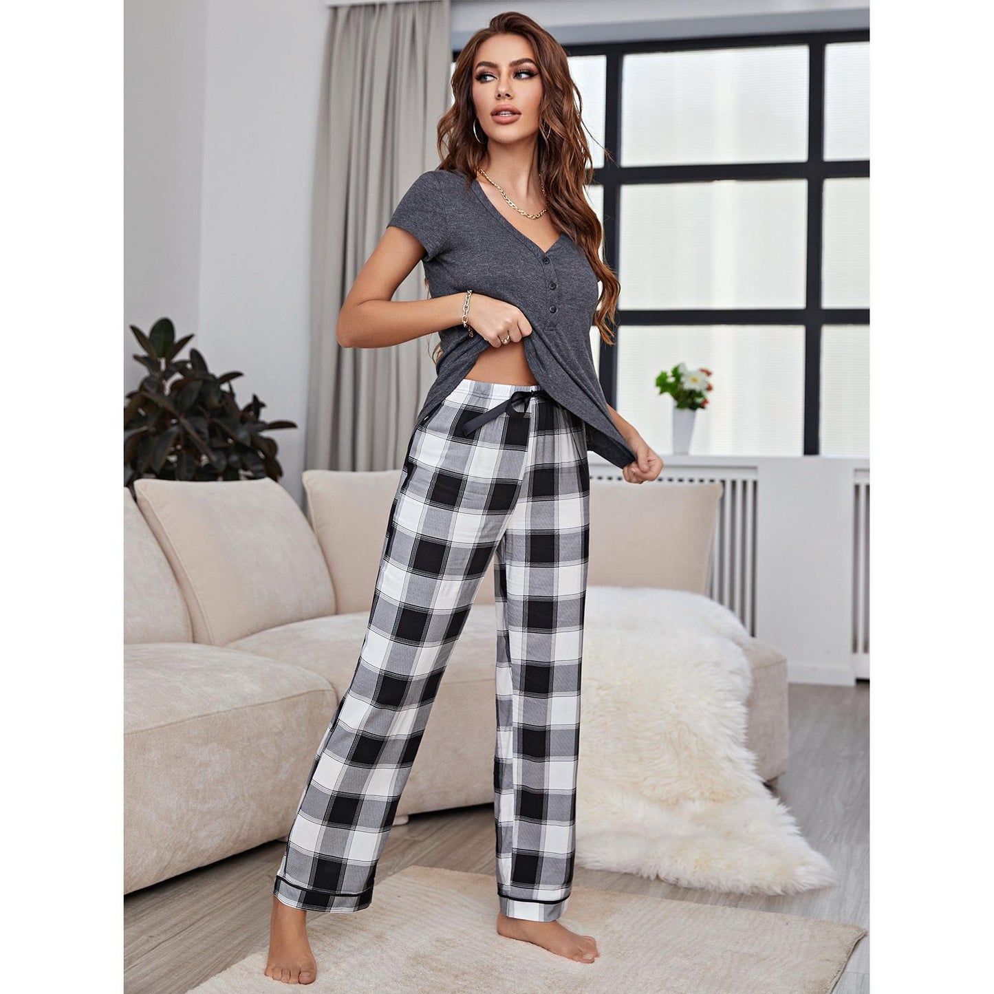 Pajamas Women Spring Short Sleeved Trousers Home Wear Suit Pajamas