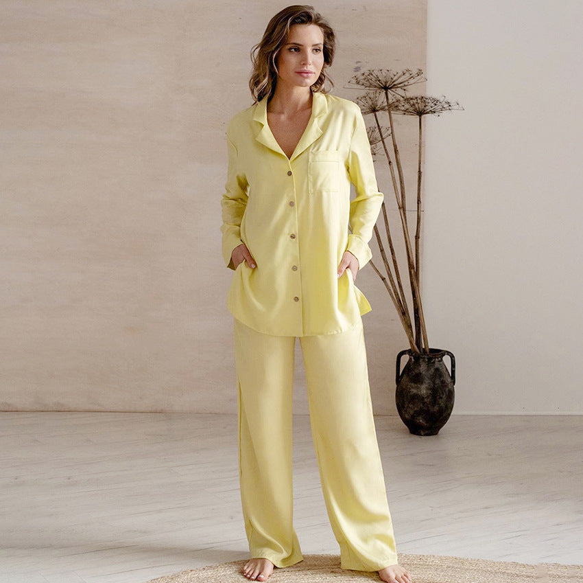 French Yellow Artificial Silk Long Sleeve Trousers Simple Solid Color Home Wear Women Pajamas