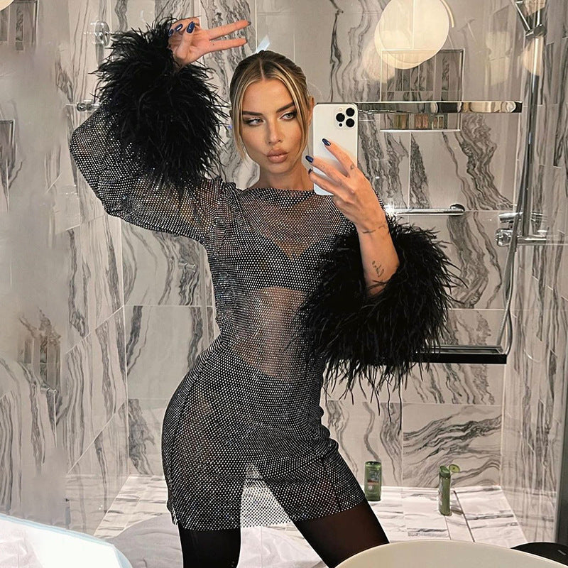 Furry Thin Glittering Mesh Dress Autumn Trendy Sexy Women Clothing Dress