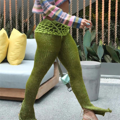 Summer Low Waist Lace up Tight Fitting Solid Color Personal Casual Base Knitting Trousers for Women