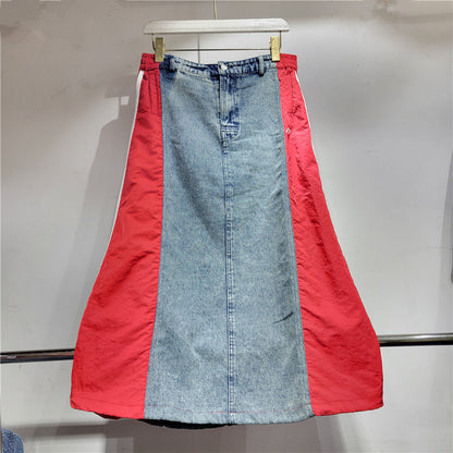 Cool Popular Brand Retro Sports Casual Patchwork Mid Length Denim Skirt Spring Half Length Skirt