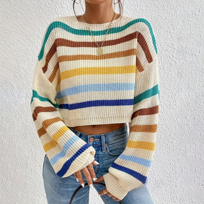 Autumn Winter Women Sweater Pullover round Neck Classic Striped Sweater Loose Casual Top Women