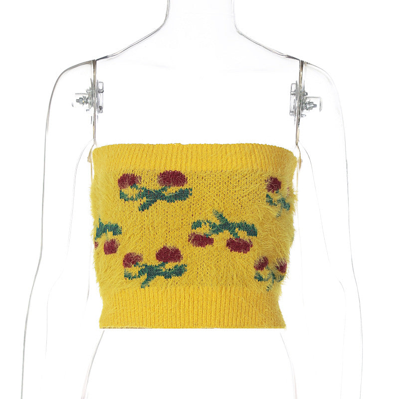 Knitted Plush Floral Tube Top Autumn Sexy Sexy Slim Fit Inner Wear Sweater Vest