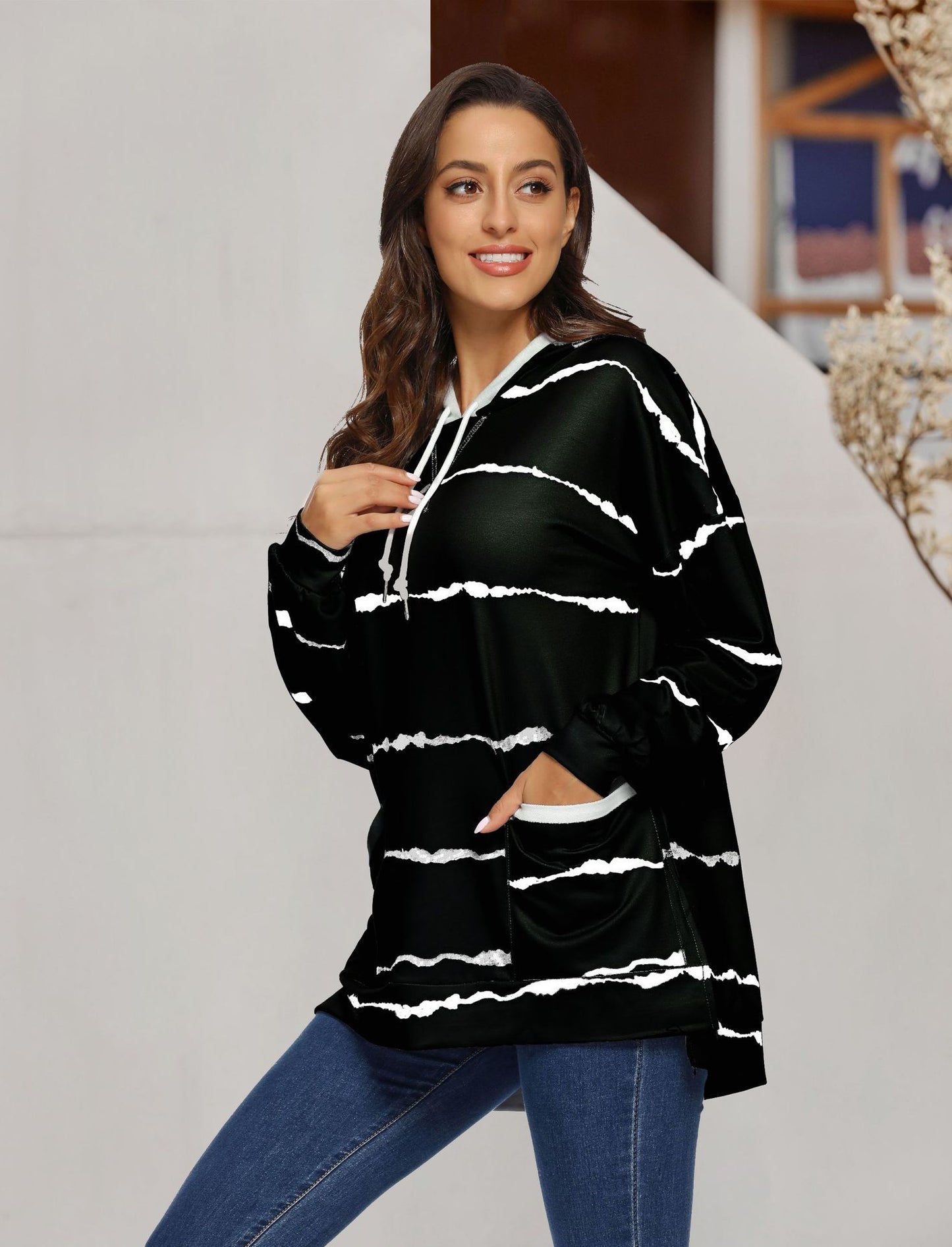 Women Clothing Tie Dye Printed Striped Hooded Loose Long Sleeves Sweater