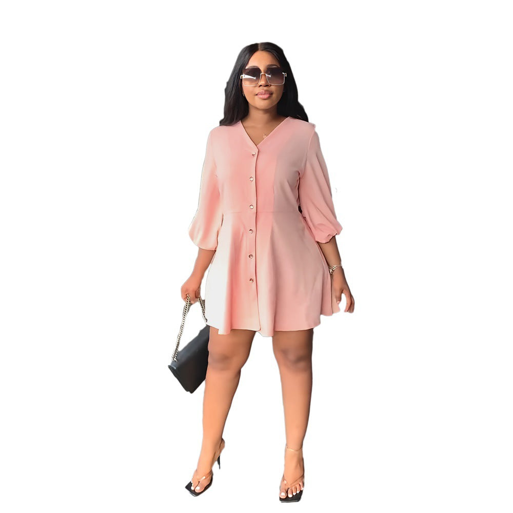 Loose V neck Casual Solid Color Mid Length Long Sleeve Shirt Dress
