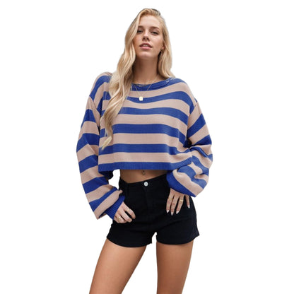 Autumn Winter Women Pullover Sweater Striped Loose Short Sweater