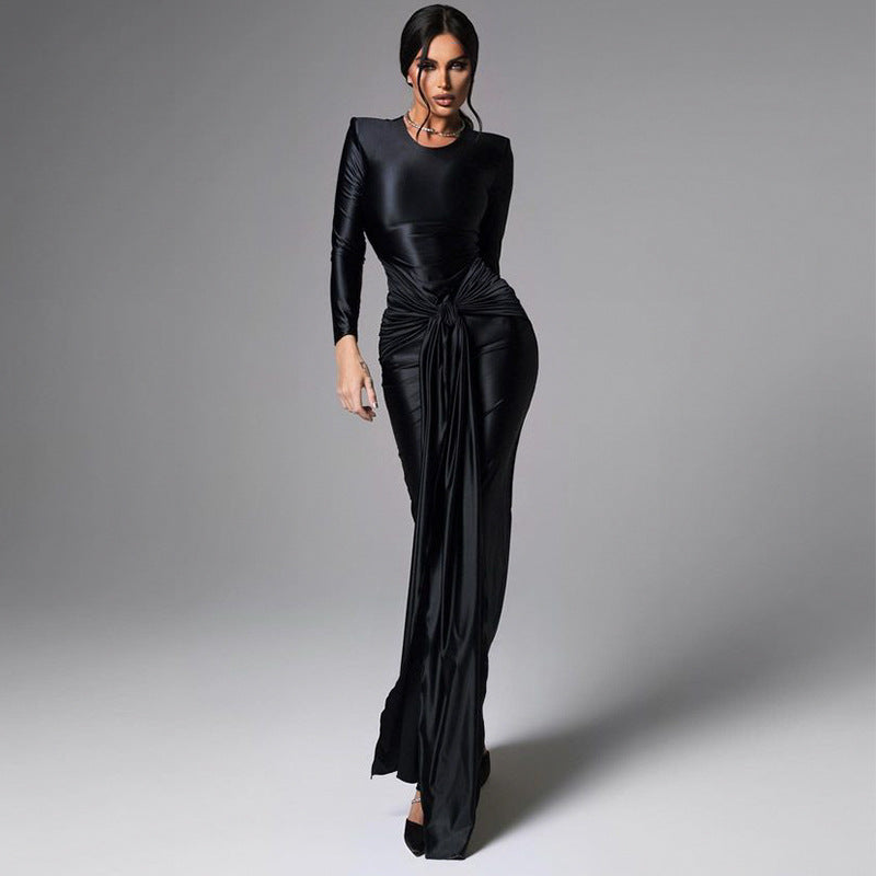 Women Spring Long Sleeve Tied Waist Slimming Elegant Socialite Dress Maxi Dress