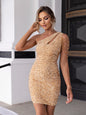 Single Shoulder Chain Detail Sequined Tight Dress