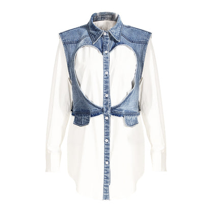 Spring Summer Casual Loose Cotton Hollow Out Cutout Heart Shaped Denim Stitching Faux Two Piece Women Denim Shirt