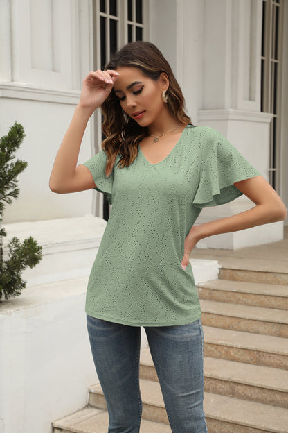 Women Clothing Women Tops Hollow Out Cutout out V neck Pleated Ruffle Sleeve Casual T shirt