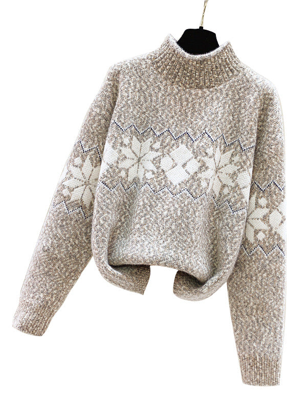 Autumn Winter Half Turtleneck Pullover Women Clothing Snowflake Jacquard Sweater Chenille Top