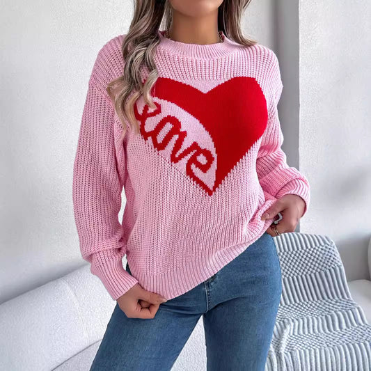 Autumn Winter Casual Valentine Day Contrast Color Love Long Sleeve Pullover Women Clothing