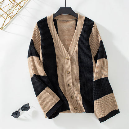 Contrast Color Striped Women Sweater Cardigan Autumn Winter Casual Loose Women Clothing Sweater