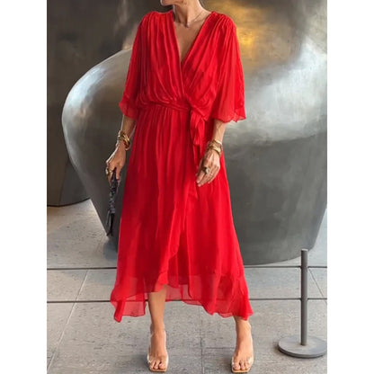 Women Clothing Solid Color Tied Maxi Dress Batwing Sleeve Irregular Asymmetric Dress