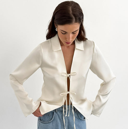 French Imitation Acetate Satin Straps Split Collared Shirt Autumn Cardigan Women