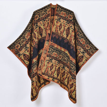 Retro Geometric Abstract Diamond Scarf Shawl Fashionable with Side Slit Cold Proof Cape Shawl