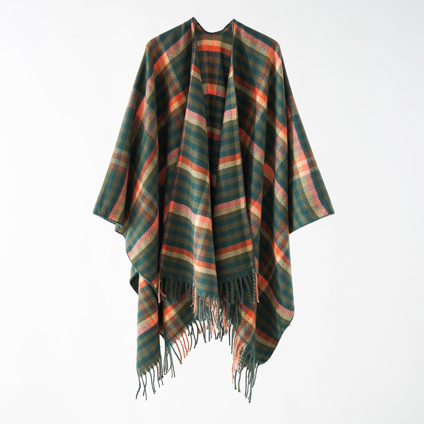 Plaid Autumn Winter Outerwear Cape Shawl Warm Cashmere like Tassel Scarf for Women