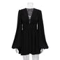 Women Spring Clothing French Puff Sleeve High Waist Dress V Neck Sexy Abdomen Control Black Short Dress