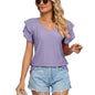 Spring Summer Solid Color Double Layer Sleeve V neck Loose Short Sleeve T shirt Top Women