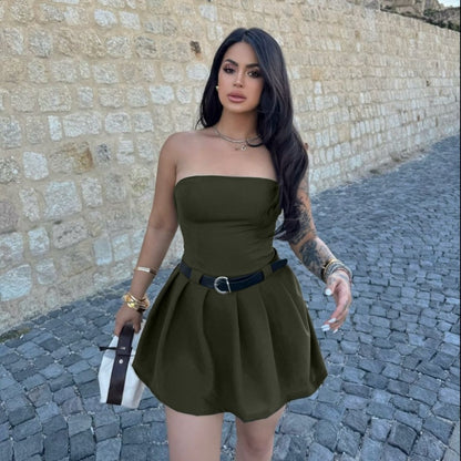 Summer Bandeau One Shoulder Sexy Waist Trimming Solid Color Dress Women Clothing No Belt